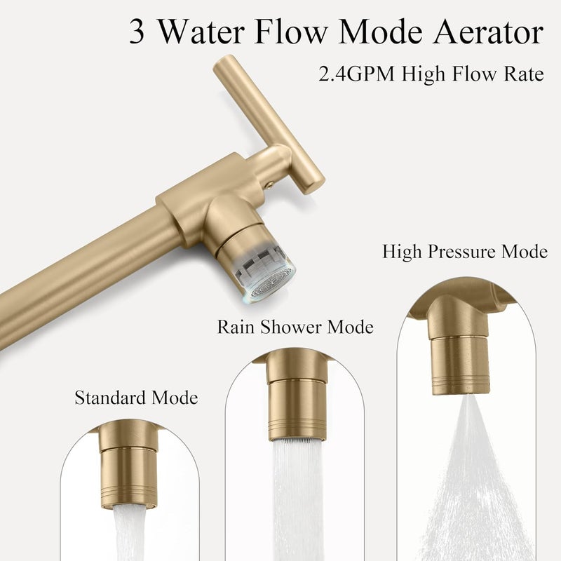 DIAMONDFORGE Pot Filler Faucets - for Kitchen, Sink, Stove and Bar with Brass Wall Mount Double Joint Swing Arms - Leak Free Designs with High-Flow Aerators - Retractable and Folding Save Space - Brushed Gold - Image 2